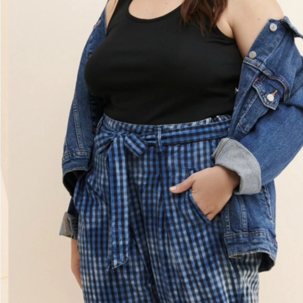 Anthropologie Maeve Avryl Bleached Slim Pants Blue Check Plaid Sz 14 - Picture 2 of 14